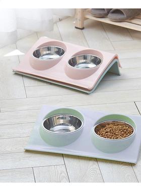 Double Dog Cat Bowls Stainless Steel Splash-proof Pet Food W