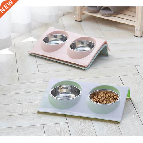 Double Dog Cat Bowls Stainless Steel Splash-proof Pet Food W
