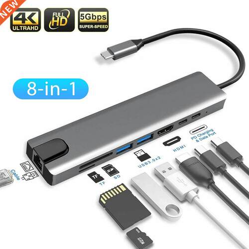 8 in1 USB C To Type C Dual USB 3.0 Hub HDMI RJ45 Ethernet M