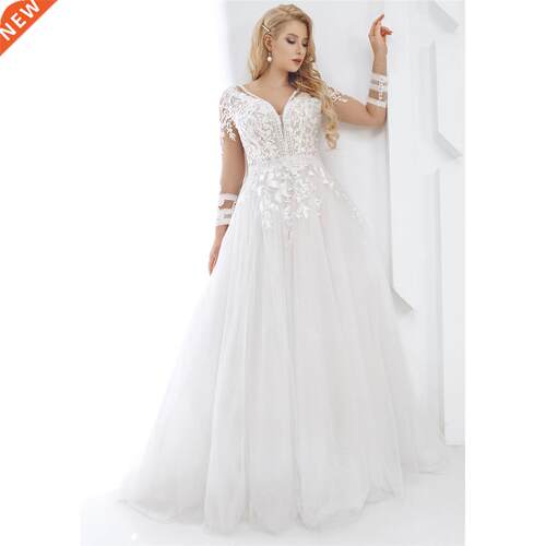 Custom Made Plus Size Long Sleeve V Neck Wedding Dress Lace