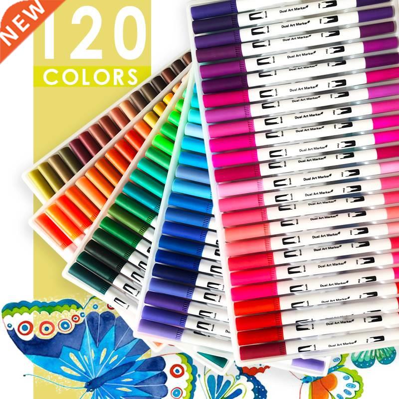 120 Colors Art Markers Dual Tips Coloring Brush Pen Fineline