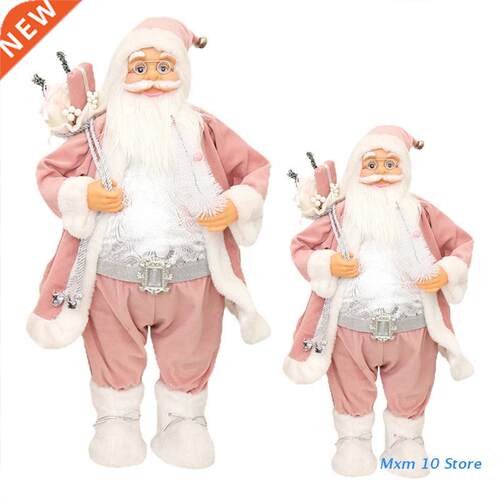Christmas Pink Robe Santa Claus Figurine Doll Plush Standing