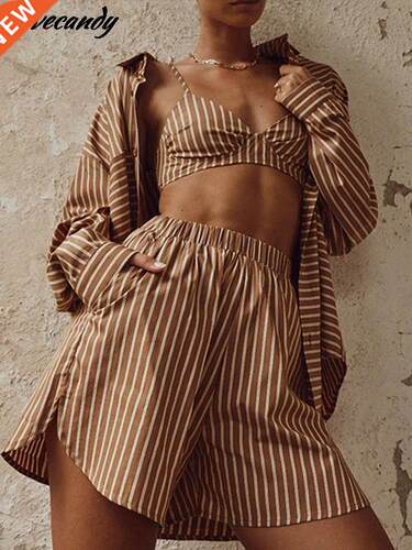 Women's Tracksuit Stripe Shirt Shorts Three Piece Set Lo