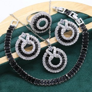 Silver Jewelry Set For Women Wedding Luxurious Black Crystal