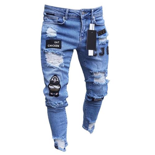 3 Styles Men Stretchy Ripped Skinny Biker Embroidery Print J