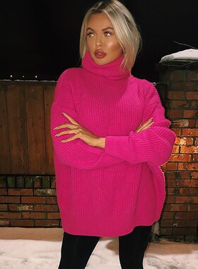 High Neck Knitted Women Sweaters Autumn Winter Pink Orange N