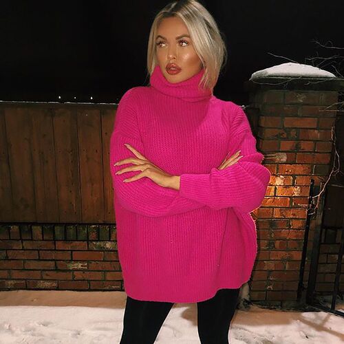 High Neck Knitted Women Sweaters Autumn Winter Pink Orange N