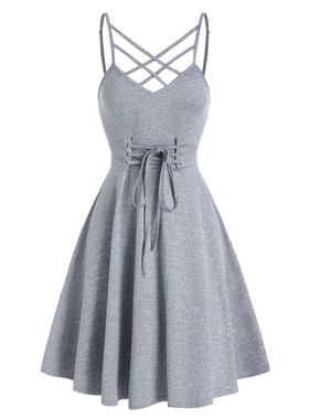 Wipalo Plus Size Casual Dress Front Strappy Lace Up Mini Cam