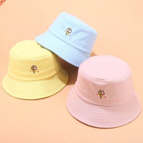 Ice Cream Bucket Hat For Women Cotton Candy Color Embroidery
