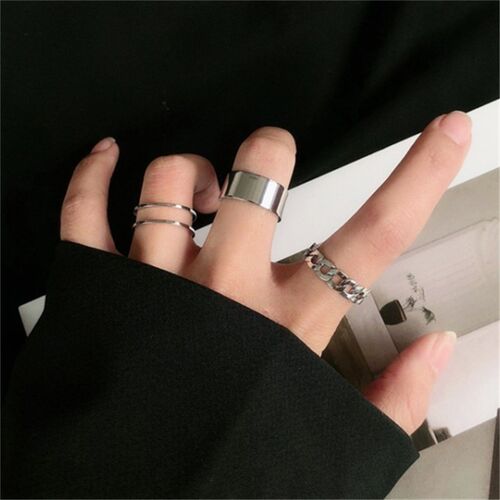 Punk Metal Geometric Round Ring Set Silver Color Open Rings