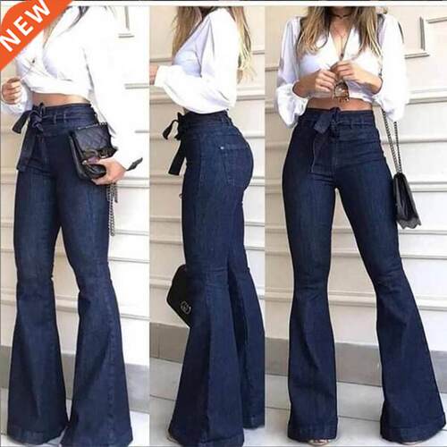 Women Denim Tie Waist Flare Jeans Boyfriend Jeans Ladies Hig