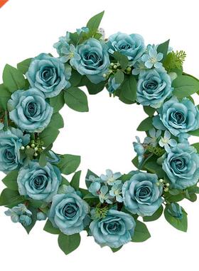 Artificial Blue Rose Flowers Wreath Spring Summer Wreath for