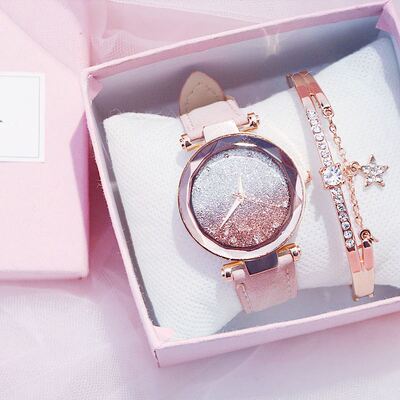 New Women Romantic Starry Sky Wrist Watch Leather Rhineston