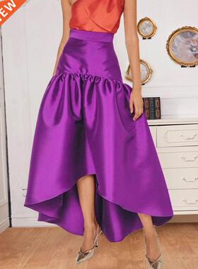 Women Party Skirts High Low Irregular Length Shiny Purple Ch