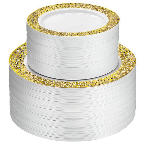Gold Disposable Plastic Plates -Lace Design Wedding Party Pl