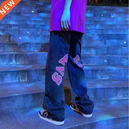 High Set Print Black Jeans Men's Y2K Straight-leg Pants