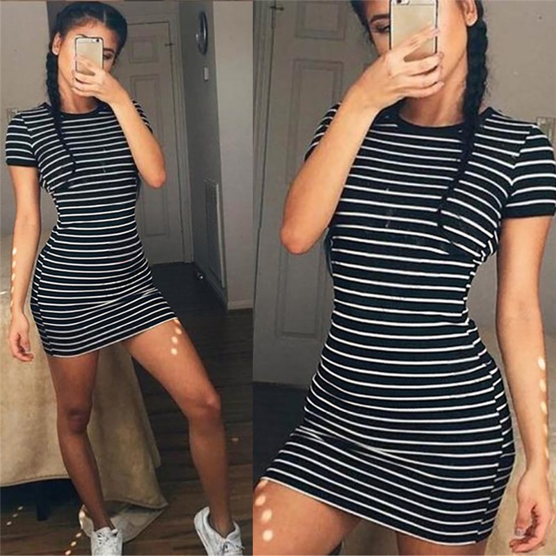 Summer Round Neck Enough Stock Short-sleeved Dress Black And图片