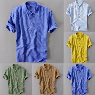 Men's Cotton Linen Shirts Fashion Casual Solid Color Shi