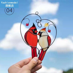1pc Cardinals Birds Stained Glass Ornament Wall Decor Hangin