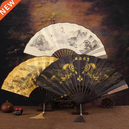 Retro style men's big folding fan with fan tassel Po