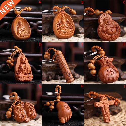 1PC Wood Carving Buddha Pendant Keychain Lucky Jewelry Buckl