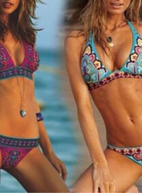 Women Ser New Se Ethnic Print Swimsuit Bikini Set Push-