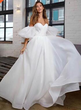 Princess White Wedding Dress Puff Short Sleeve Plus Size Bri