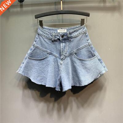 2022 Summer Korean Style Women Ruffled Denim Shorts Loose Sl