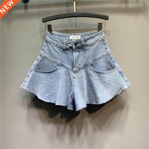 2022 Summer Korean Style Women Ruffled Denim Shorts Loose Sl
