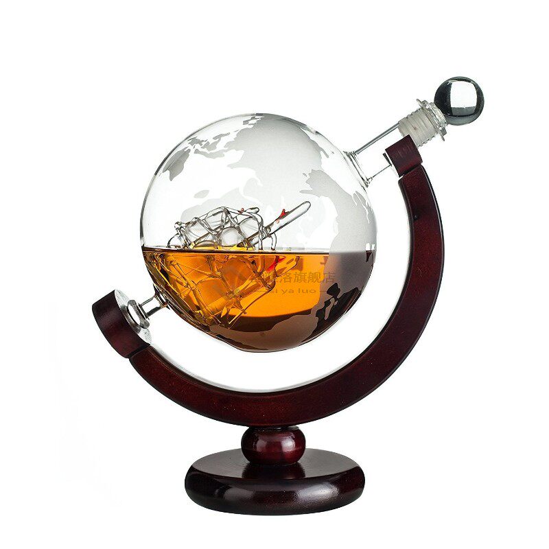 Mini 850ml Glass Globe Wine Decanter Wooden Base Whiskey Bot图片