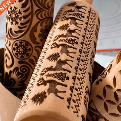 Christmas Rolling Pin With Pattern Reindeer Flower Wooden Ba