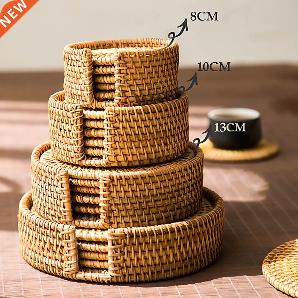 6 Pcs Drink Coasters Set Woven Rattan Placemats Handmade Hea