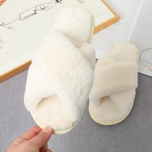 Winter Home Fur Slippers Faux Furry Cross Strap Flat Slides