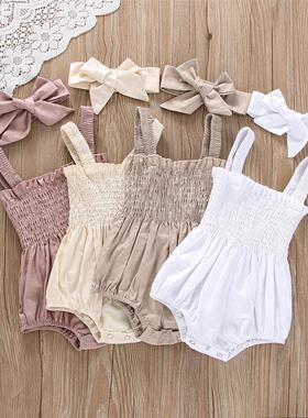 Baby Summer Jumpsuit Outfit Solid Color Ruched Toddler Girl