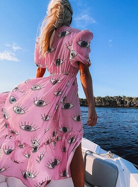 Pink Eyes Bikini Beach Cover up Tunics for Beach Long Kaftan