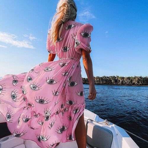 Pink Eyes Bikini Beach Cover up Tunics for Beach Long Kaftan
