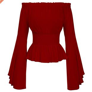Women Medieval Renaissance Solid Color Bell Sleeve Ruffled O