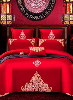 Chic Embroidery Red Duvet Cover Bed Sheet Pillow Shams Premi