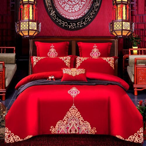 Chic Embroidery Red Duvet Cover Bed Sheet Pillow Shams Premi