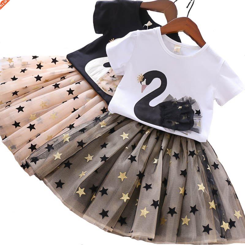 Girls Clothing Set Swan T-Shirt + Star Mesh 2Pcs Suit 2 Colo