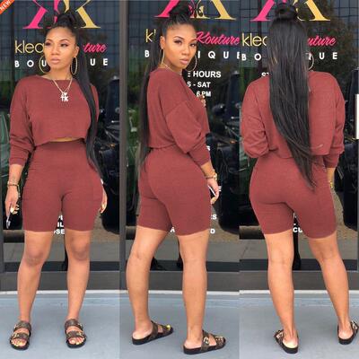 Hot Women Slim Daily Outfits Shorts, Long Sleeve Solid Color