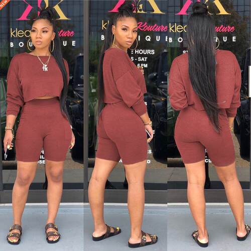 Hot Women Slim Daily Outfits Shorts, Long Sleeve Solid Color