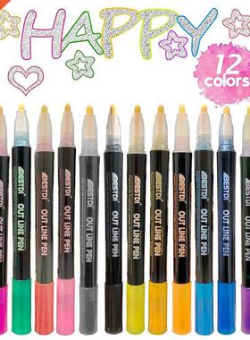 12 Color Metal Paint Marker Pen set Double Line Pen Outline
