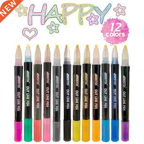 12 Color Metal Paint Marker Pen set Double Line Pen Outline