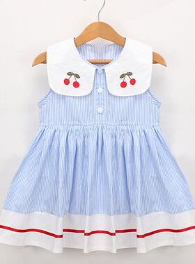 New Summer Embroidery Cherry Turn-down Collar Sleeveless Str