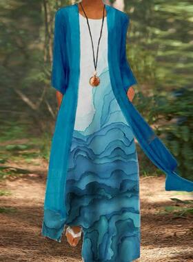 2Pcs/Set Floral Print Dress Set Women Sleeveless Maxi Dress