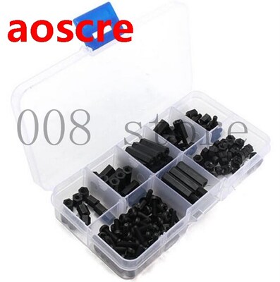 160Pcs M3 Nylon Black M-F Hex Spacers Screw Nut Assortment K