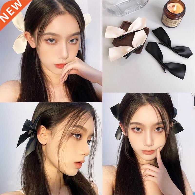 2pcs Black White Ribbon Hair Bows Clips Vintage Bowknot Side