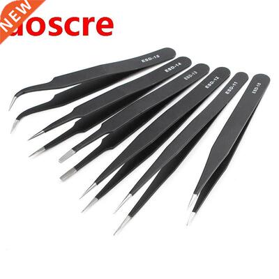 6Pcs ESD Safe Anti-Static Stainless Steel Tweezer Curved Str