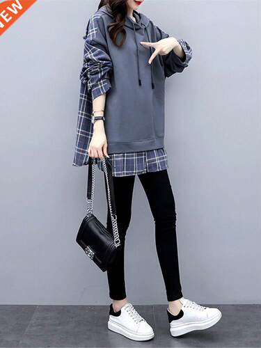 Women Casual Fake Two Piece Hoodies Sweatshirts Fashion Brit